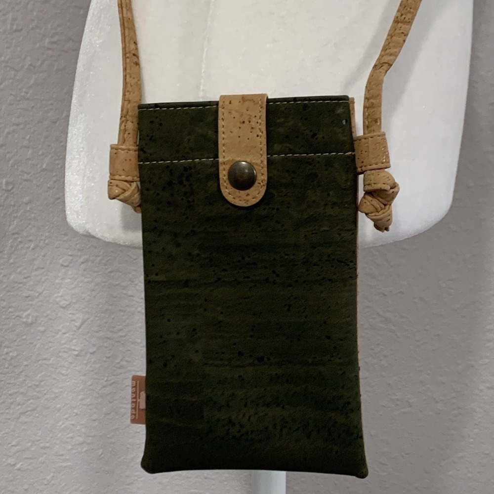 Montado Green Brown Cork Crossbody Cell Phone Bag Purse 7" x 4" Snap Closure EUC